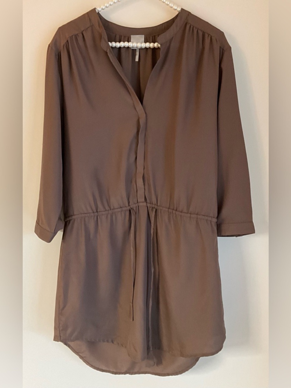 Bobi Los Angeles Brown Satin Shirt Dress Medium Button Front Tie Waist Tunic